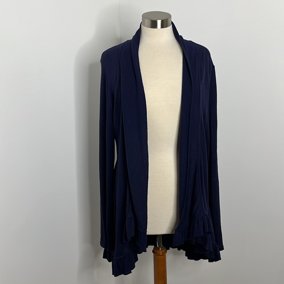 Lilly Pulitzer Navy Ruffle Hem Longline Open Front Cardigan Duster Sz Large - Picture 1 of 9